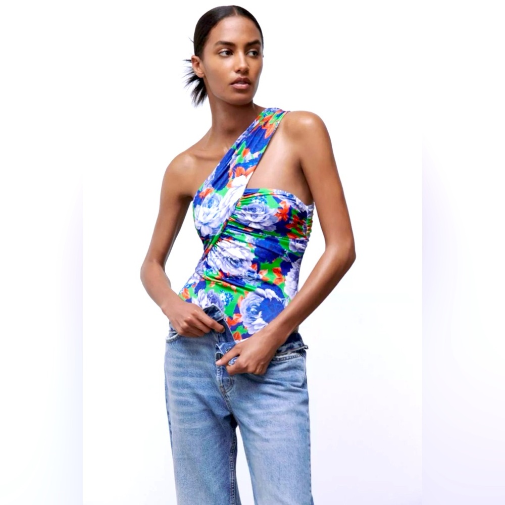 NWT ZARA Blue & Green Floral Asymmetrical Bloggers Fav Summer Bodysuit Size S
